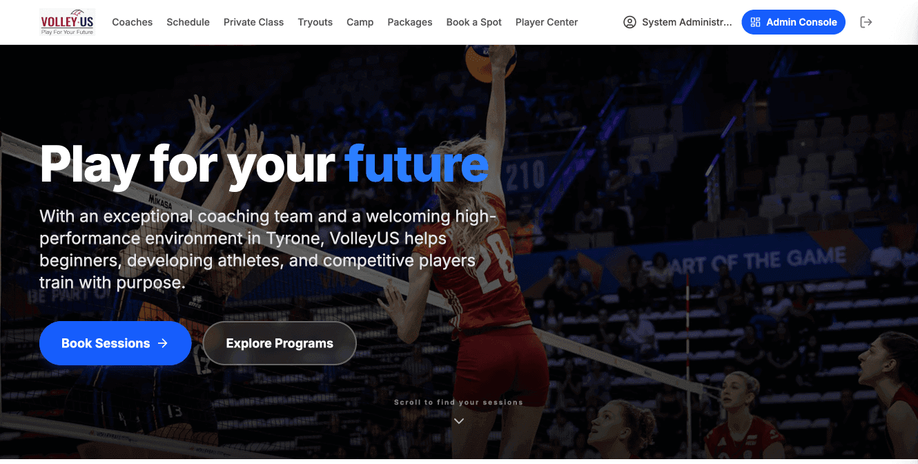 VolleyUS sports platform landing page preview